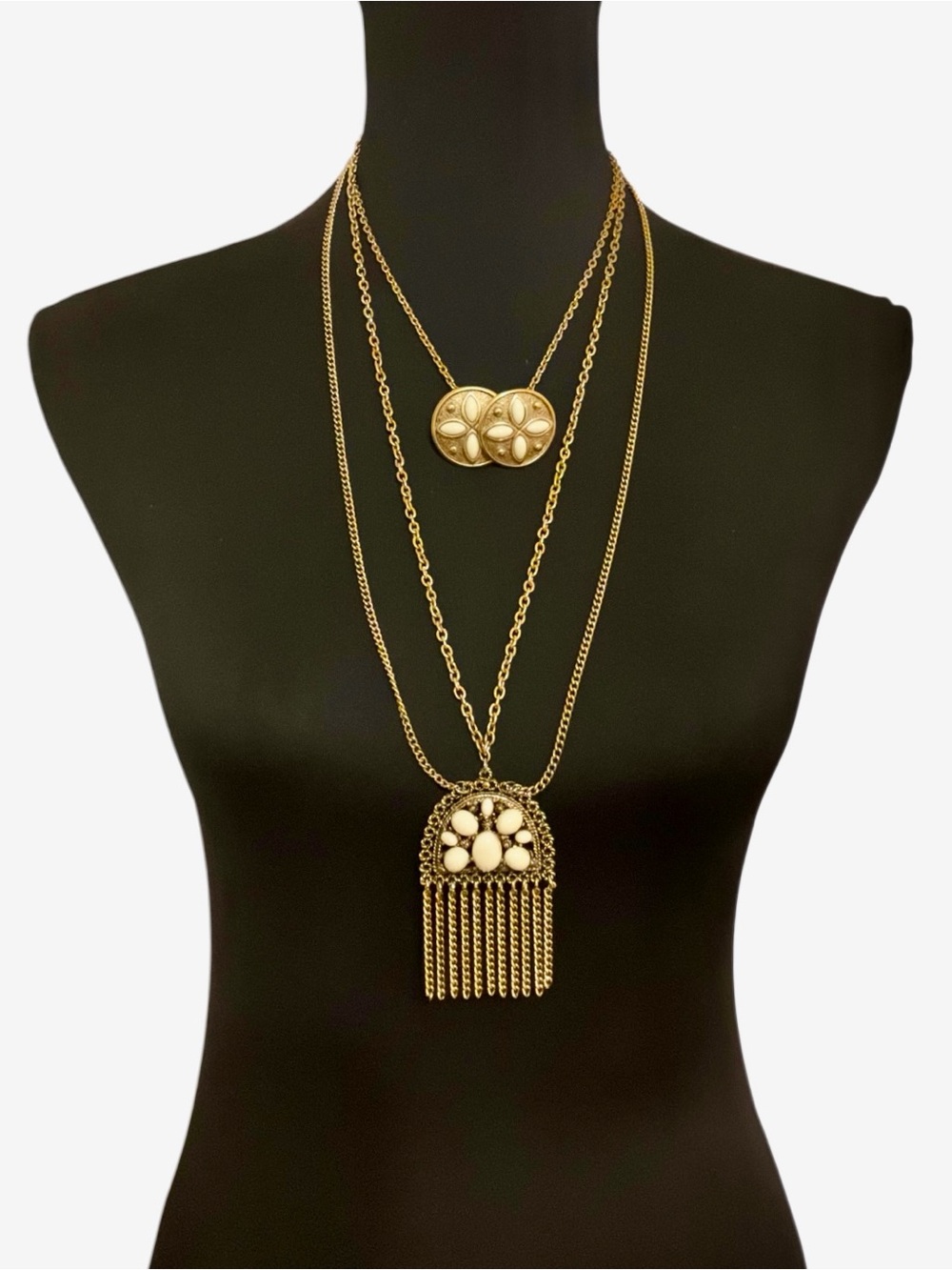 Vintage Napier Gold Tone Cream Clip Earrings Etruscan Tassel Necklace Set